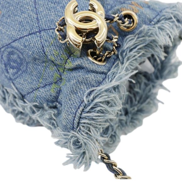 Chanel  Mood Logo Printed Quilted Denim Chain Bucket Bag Blue - Picture 6 of 15
